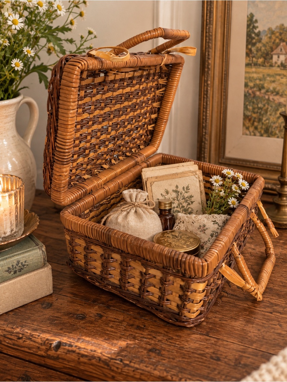 Vintage Woven Rattan Storage Basket picnic style basket  - Brown